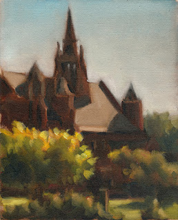 Oil painting of a Victorian-era ecclesiastical building surrounded by trees and shrubs.