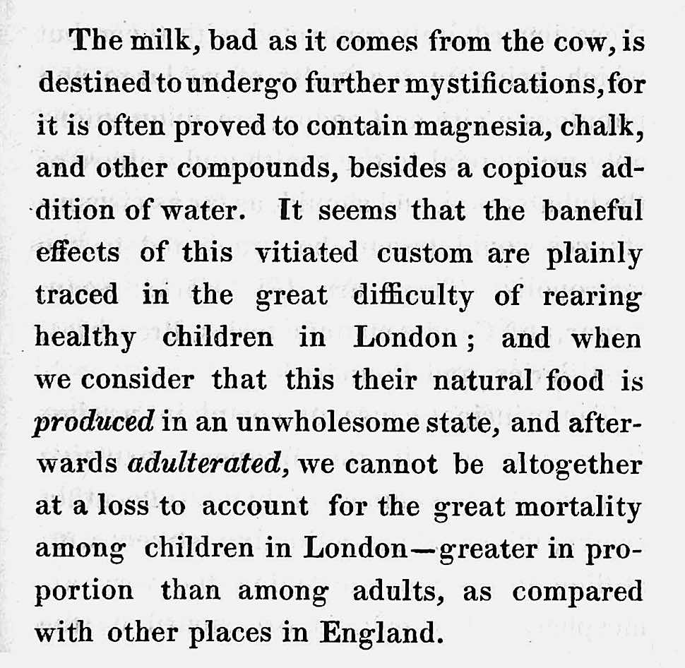 1837 milk in London adulterated with chalk and water is unhealthy for children