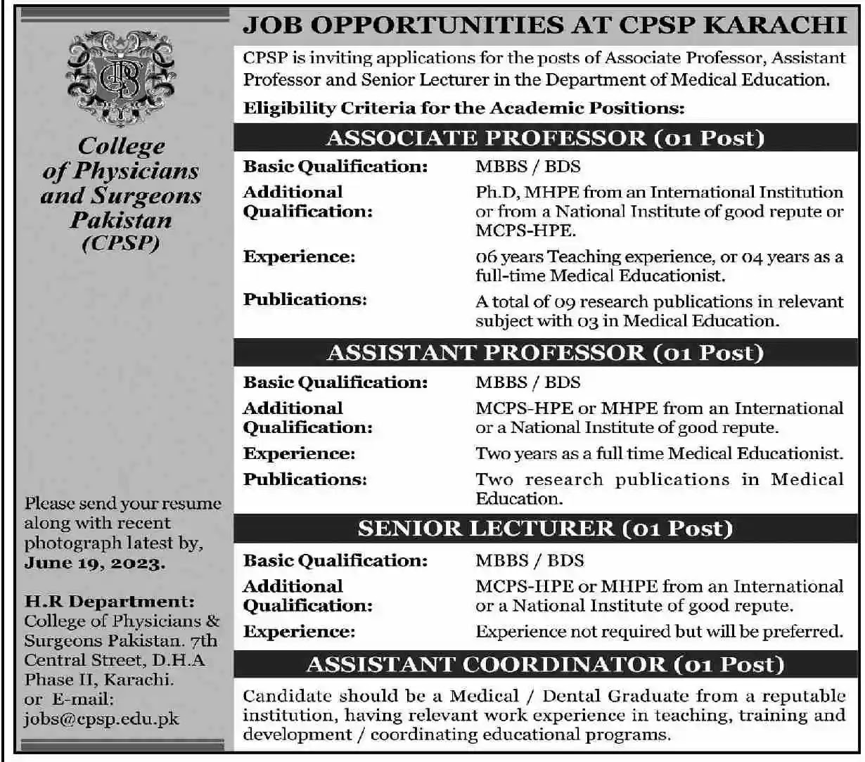 College of Physician & Surgeons Pakistan CPSP Jobs 2023