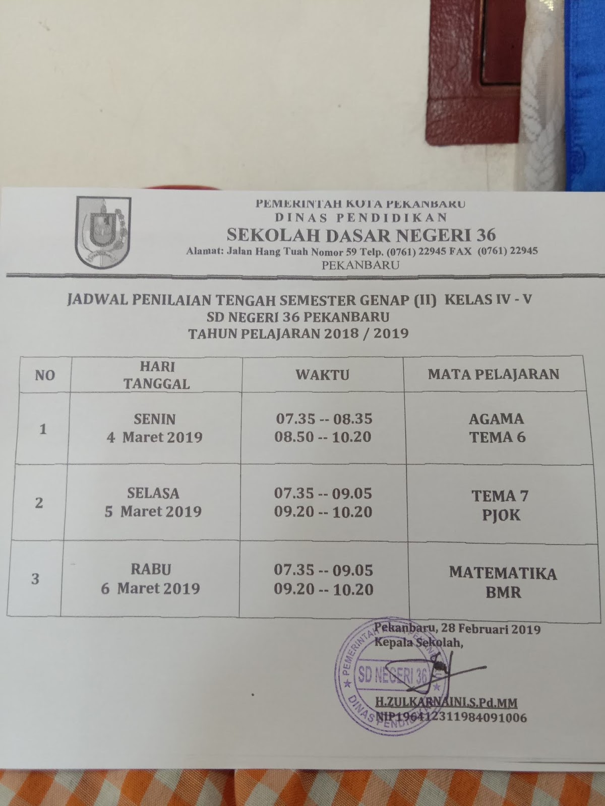 Jadwal Penilaian Tengah Semester Genap Kelas IV V SD Negeri 36 Pekanbaru TP 2018 2019