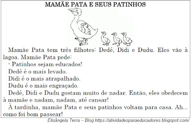 Texto MAMÃE PATA E SEUS PATINHOS, de Elisângela Terra