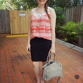 awayfromblue instagram red crochet printed tank and pencil skirt summer office style Rebecca Minkoff mam bag