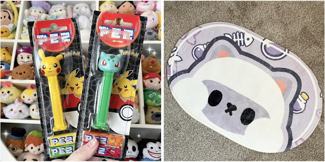 This photo is a collage containing two different photos side by side. One is of two Pokemon Pez Dispensers. On the left is Pikachu and on the right, Bulbasaur. The second photo shows a small rug, with a purple, grey and white cat, surrounded by potion bottles and fish bones.