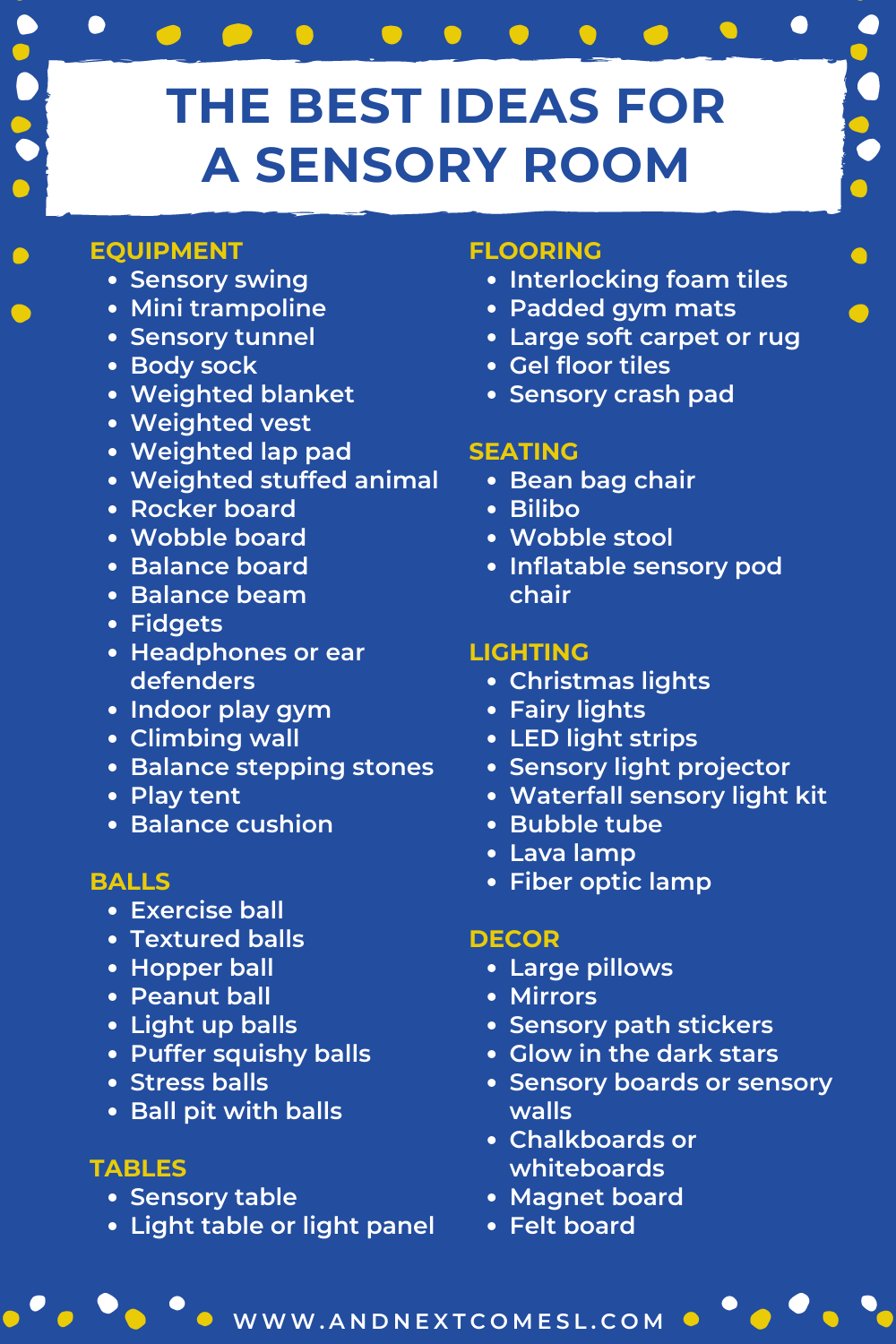 A list of ideas for a sensory room