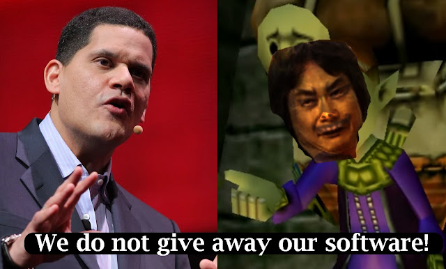 Reggie Fils-Aime vs Shigeru Miyamoto give away software Wii packed in bundle Sports Play Happy Mask Salesman