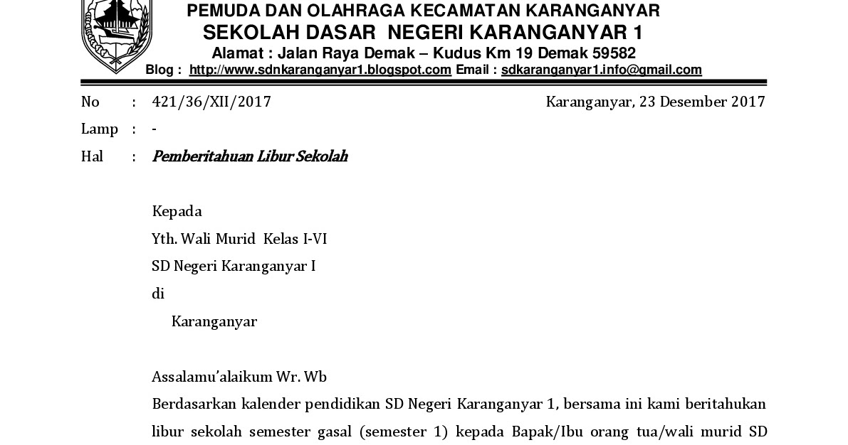 Download Contoh Surat Pemberitahuan Hari Libur Sekolah 