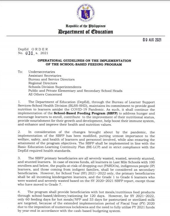 DepEd Order No. 031 s. 2021 | OPERATIONAL GUIDELINES ON THE IMPLEMENTATION OF THE SCHOOL-BASED FEEDING PROGRAM