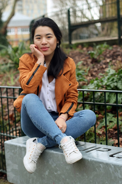 Orange suede jacket outfit