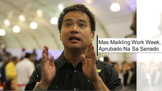 Under the proposal, which is now approved, alternative working hours shall not exceed 48 hours a week and there is no reduction of existing benefits.  Senator Joel Villanueva, author, and sponsor of the measure said his proposal is an "answer to the changes in the labor market and in the nature of employment."  "As I always say, we are now in the age of robotics, the so-called Fourth Industrial Revolution or Industry 4.0. Today, work need not be confined in a certain place or office. Work need not happen at the same time. Work can be done remotely," he said.       Ads           The Senate approved on third reading on Monday a bill that will give employers and employees an option to adopt flexible working arrangements.  With 17 affirmative votes and no negative votes, the Senate approved Bill 1571 or the proposed Alternative Working Arrangement Act.  The bill seeks to the amendment of Article 83 of the Labor Code. It seeks to make an exception to the normal eight hours of work a day Under the proposal, alternative working hours shall not exceed 48 hours a week and there is no reduction of existing benefits.  Senator Joel Villanueva, author, and sponsor of the measure said his proposal is an "answer to the changes in the labor market and in the nature of employment."  Villanueva, chairman of the Senate Committee on Labor, Employment and Human Resources Development, noted that an alternative working arrangement or flexible working is a necessity and that every Filipino worker deserves to have this statutory right.  Ads      Sponsored Links    The senator also shared that a number of companies companies are already implementing non-traditional working arrangements, such as flexitime, four-day workweek, compressed workweek, working from home, shift flexibility, among others, to give their workers more independence and control over their work.  Apart from the benefits, the bill provides to employees, the senator said the bill has massive benefits as well to employers.  Among the benefits of flexible working arrangement to employers are less expense on recruitment and training, and huge savings resulting from the reduction of traffic congestion.