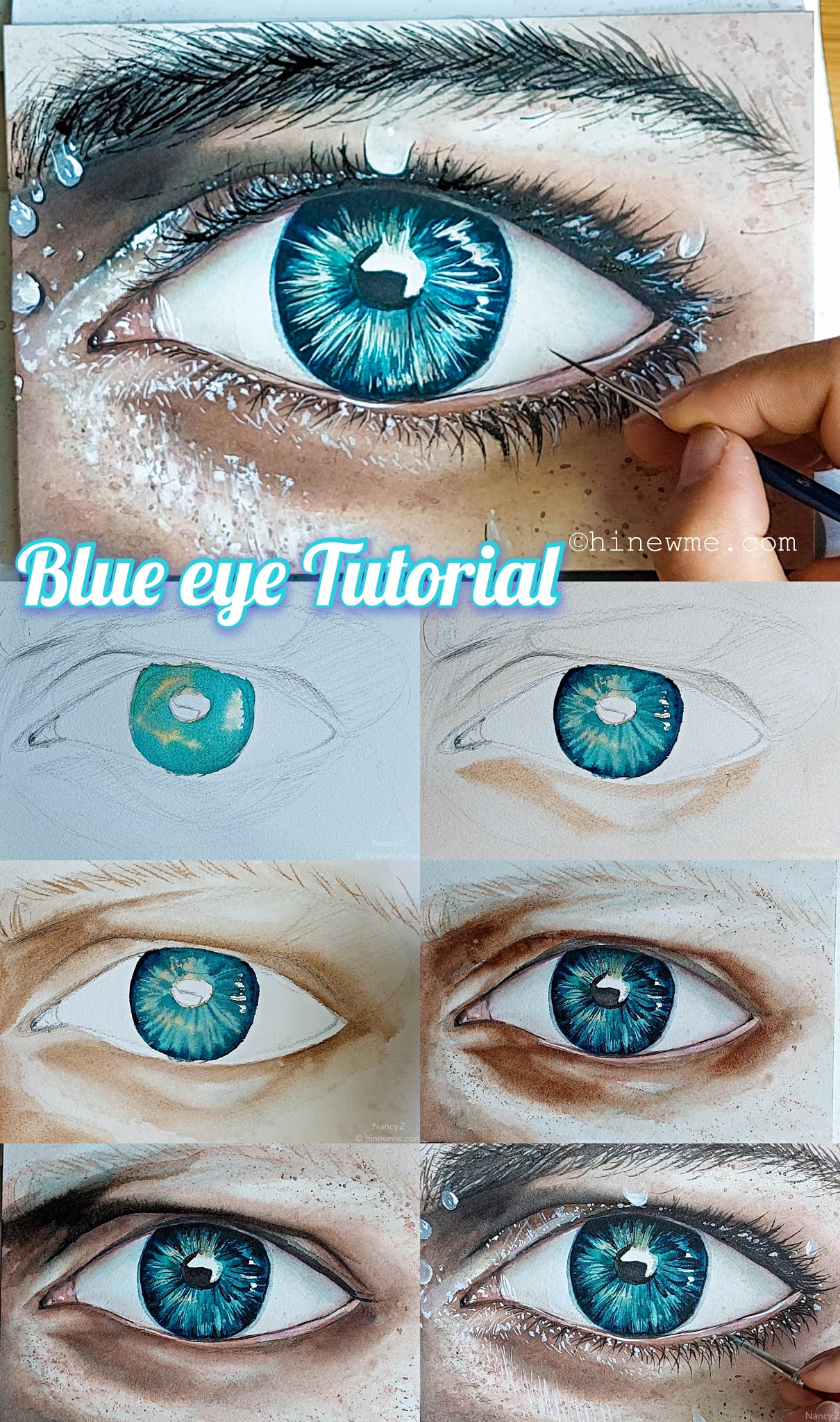 How to draw an eye with blue pupil step by step