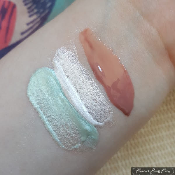swatches Lancome Ombre Glacee 01 Vert Bohol and 02 Rose Bali, Juicy Glace 08 Beige Letea on pale skin