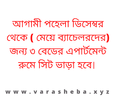 আগামী পহেলা ডিসেম্বর থেকে( মেয়ে ব্যাচেলরদের) জন্য ৩ বেডের এপার্টমেন্ট রুমে সিট ভাড়া হবে।