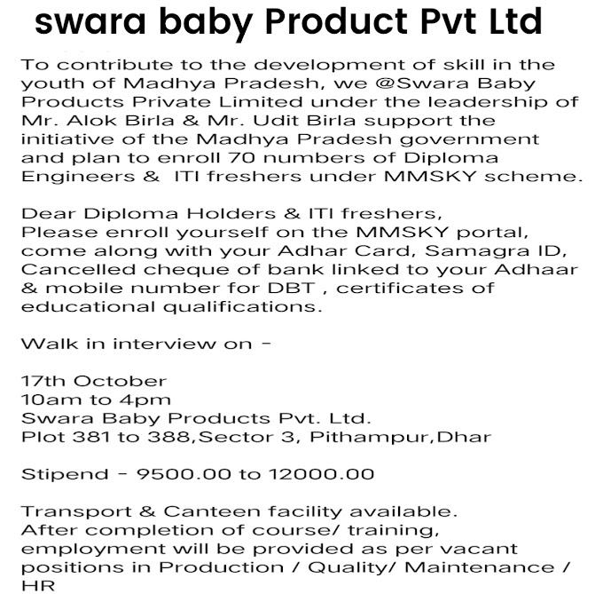 Swara baby Product Ltd Pithampur Indore new jobs vacancy 2023 