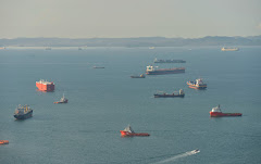 About 20 ships are visible in the frame. These are mainly cargo ships, but there are also a few boats.