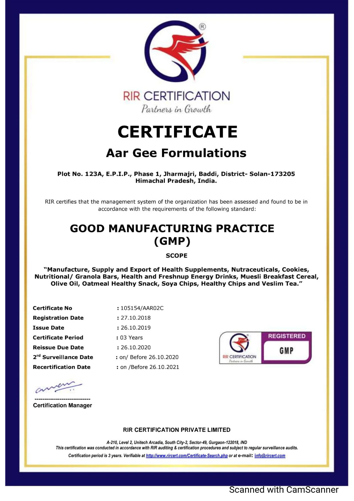 3.Vestige GMP (GOOD MANUFACTURING PRATICE) CERTIFICATE