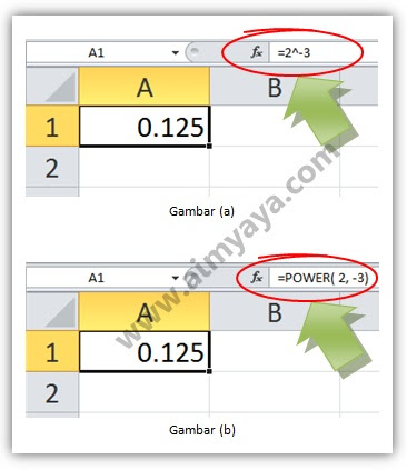  Gambar: Contoh perhitungan bilangan berpangkat negatif di Microsoft Excel 2010