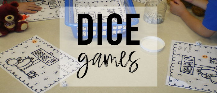 Math dice games activities and centers for practice with counting, addition, and greater than less than for all year in Kindergarten & First Grade