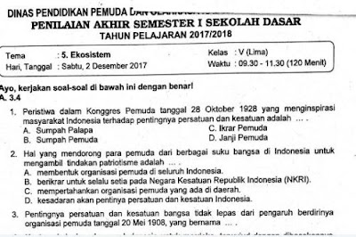 Download soal PAS atau ulangan simpulan semester  Soal Ulangan Tema 5 Kelas 5 SD Kurikulum 2013