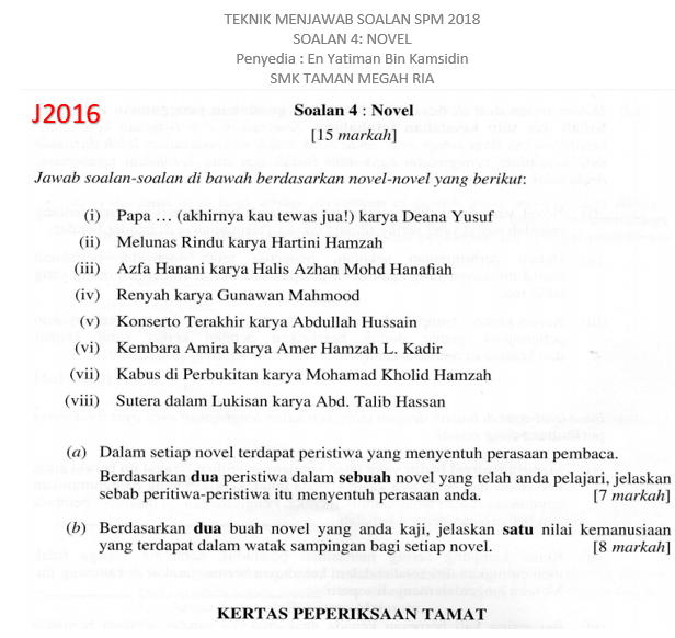 Bahasa Melayu Smk Taman Megah Ria Teknik Penulisan Jawapan Novel Spm 2018