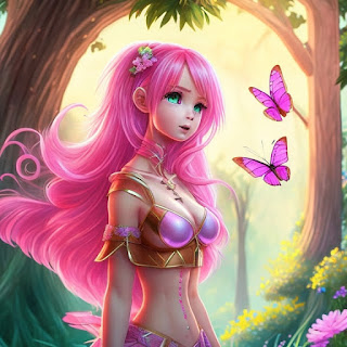 Cute pink hair fairy in the forest with butterflies