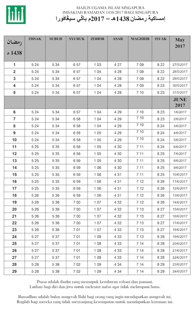 Jadual Waktu Imsak dan Berbuka 2017 - Singapore - M9 Daily 