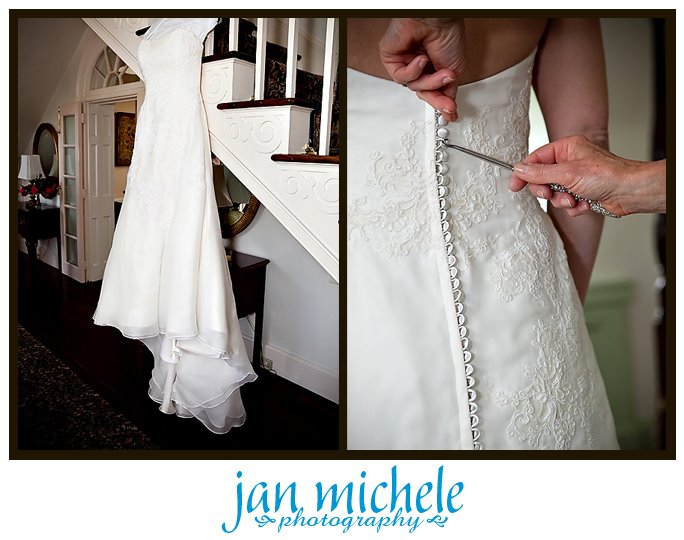 buttoning up a beautiful wedding dress at Mt. Airy Mansion