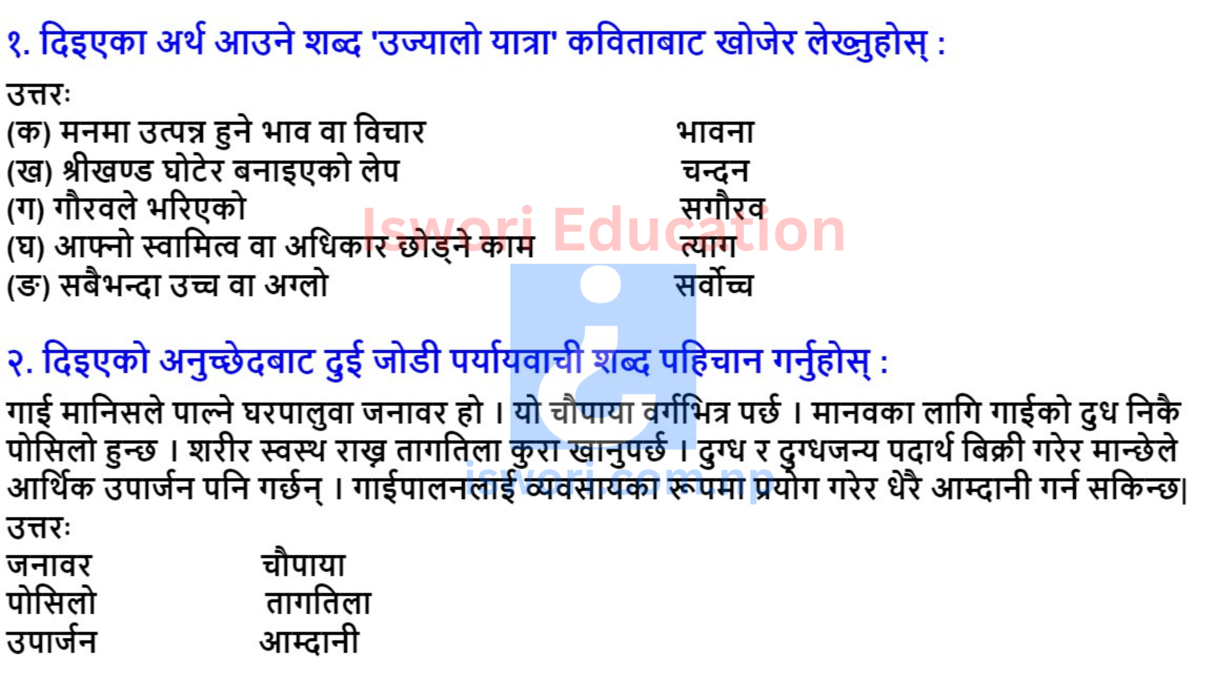 Ujyalo Yatra Exercise | Class 10 Nepali Unit 1