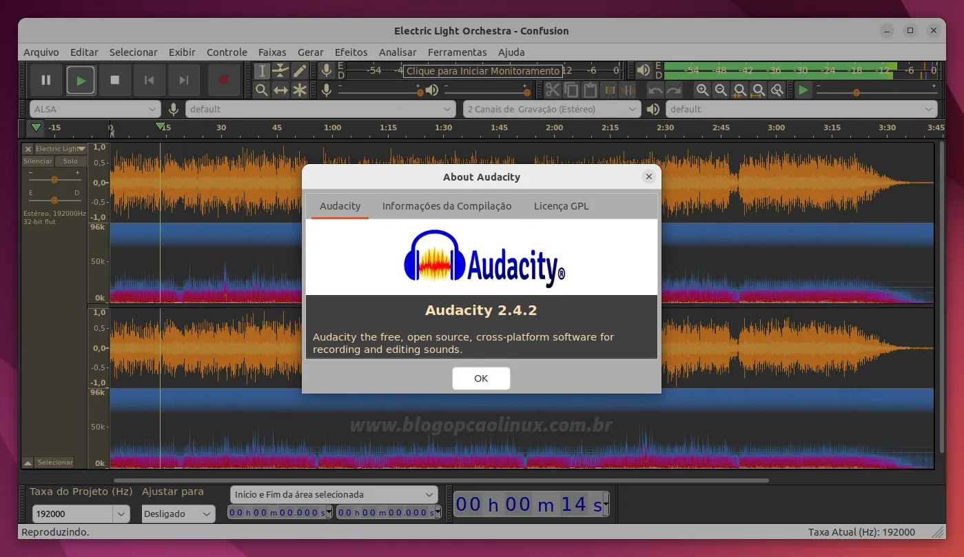 Audacity executando no Ubuntu 22.04 LTS (Jammy Jellyfish)