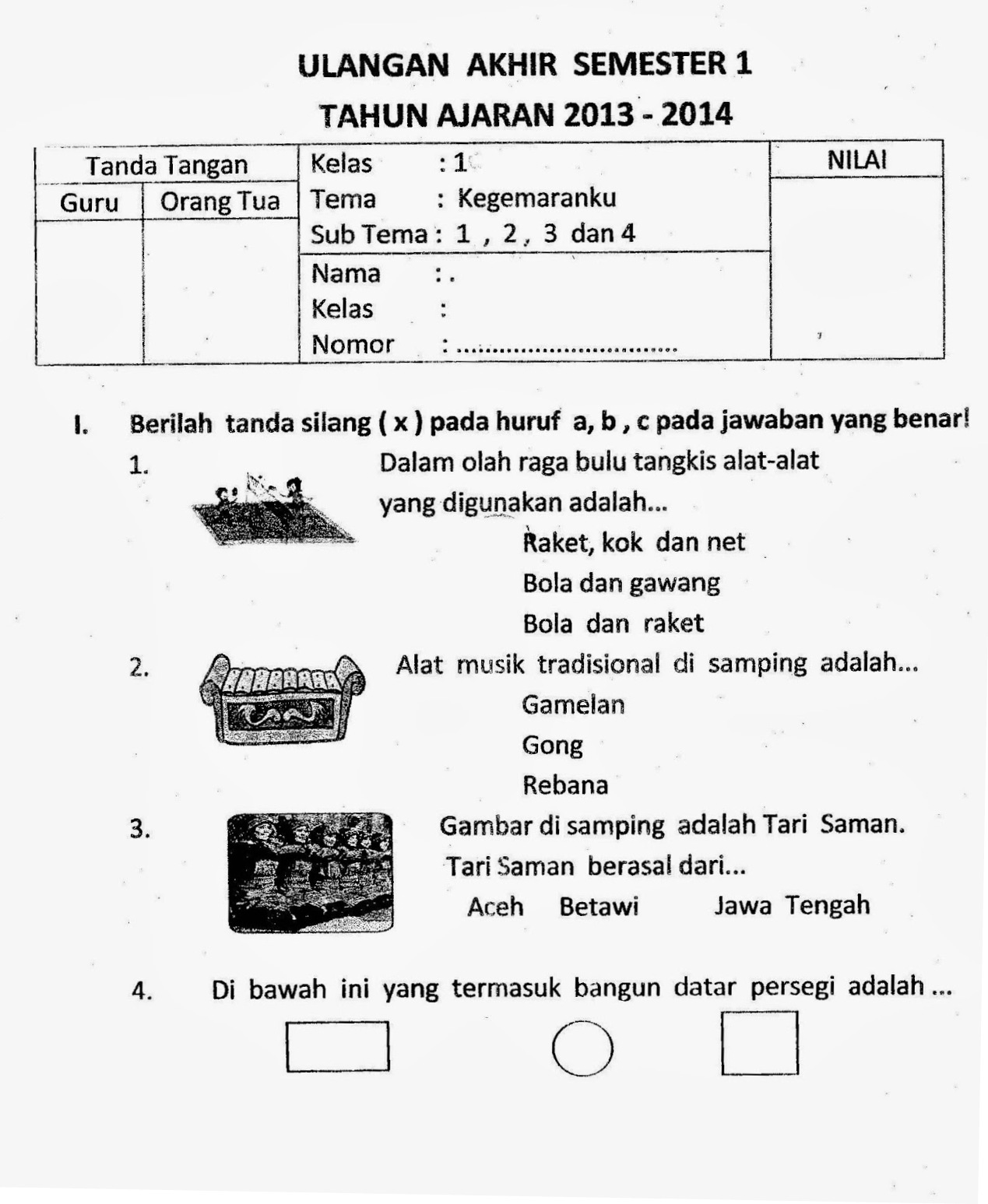 Ragam Budaya Nusantara: Soal UAS Kelas 1 Semester 1 Tema 2 ...