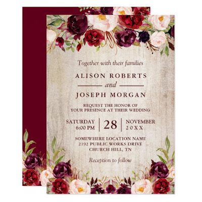  Burgundy Blush Floral Rustic Barn Wood Wedding Invitation