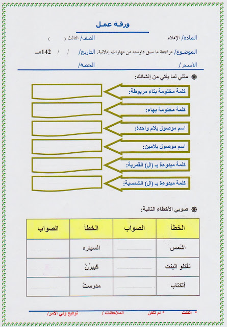 اوراق عمل للصف الثالث ابتدائي 