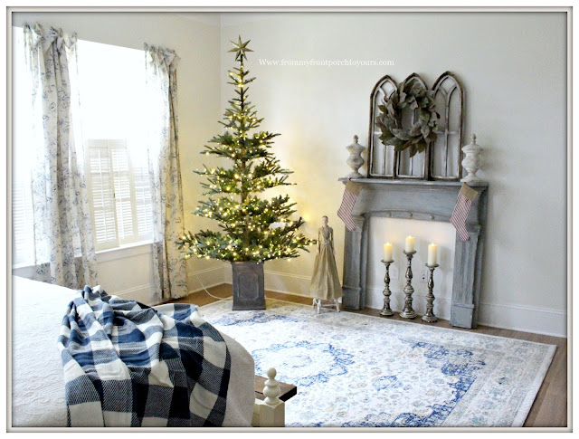 French Country Farmhouse Christmas Bedroom-French Farmhouse-Blue and White-Vintage Fireplace Mantel-Grandin Road Christmas Tree-From My Front Porch To Yours