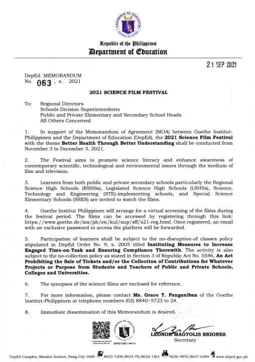 DepEd Science Film Festival 2021 | DM No. 063 series 2021 | Download Memorandum Now