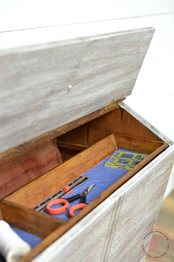 Vintage sewing box stand with removable wooden tray lined with denim style scrapbook paper.