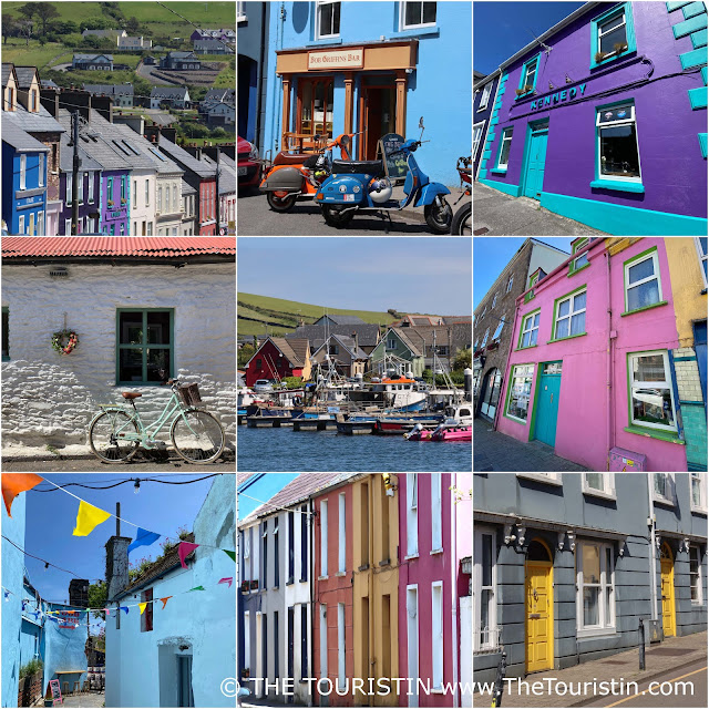 Brightly coloured houses, Vespas, bicycles, and flags, and a small harbour with colourful boats under a bright blue sky..