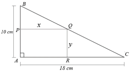 Em um espelho triangular ABC, pretende-se fazer cortes de medidas x e y , de maneira a obter um retângulo APQR, como indicado na figura.