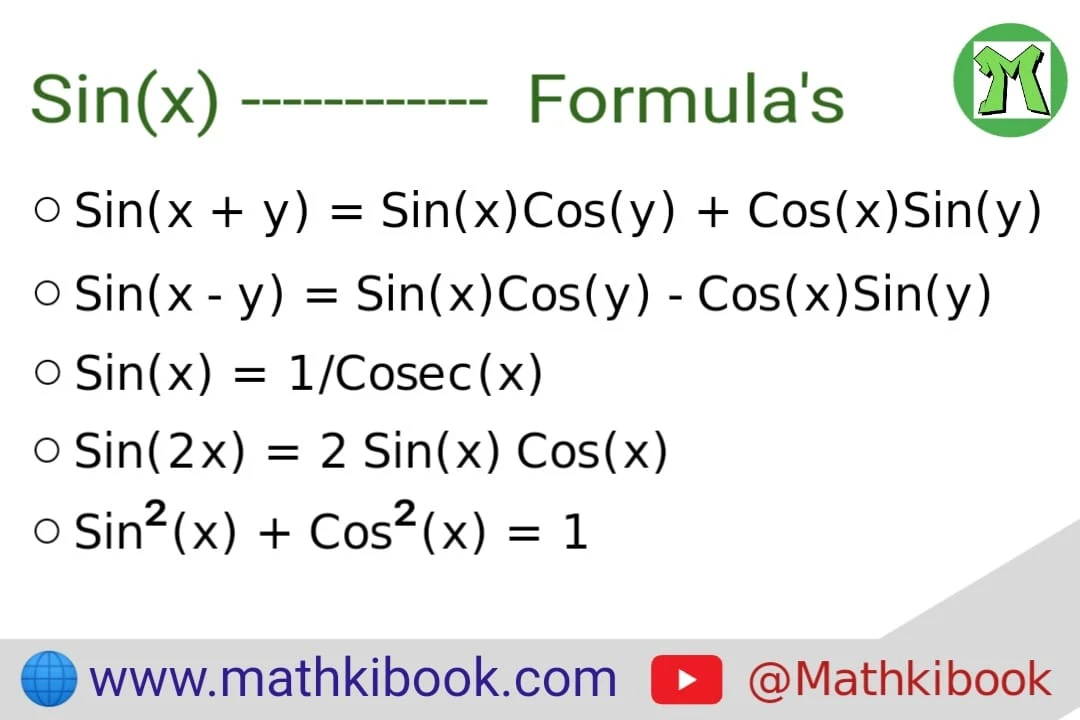 Sin(X) Formula, Sin(X±Y) Formula, Sin(2X) Formula, Sin(-X) Formula, Sin²(X) + Cos²(X) = 1