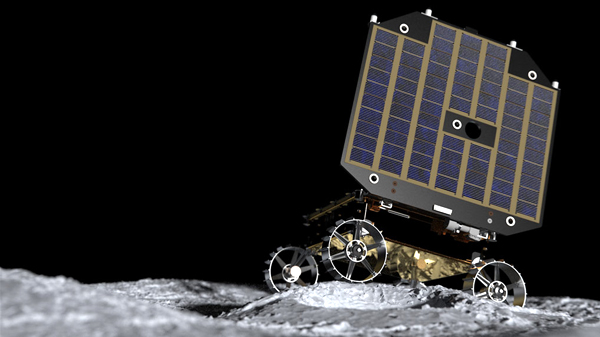 A rendering of Astrobotic's MoonRanger rover on the lunar surface.
