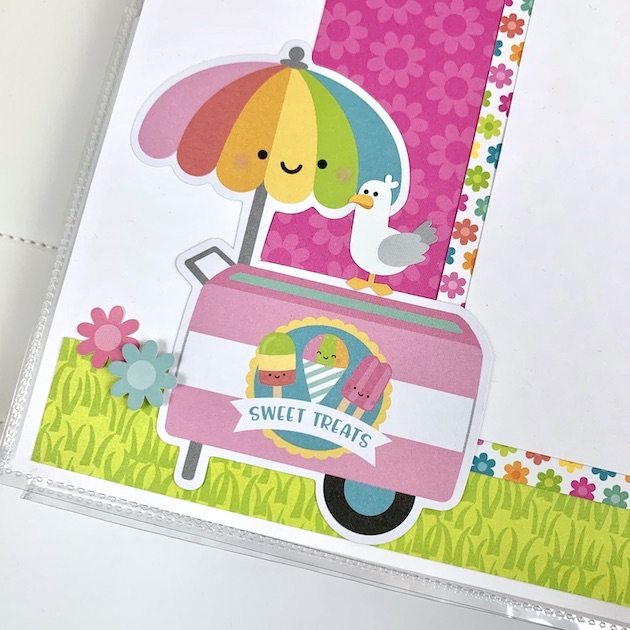 Summer Scrapbook Page with a rainbow umbrella, flowers, and an ice cream cart