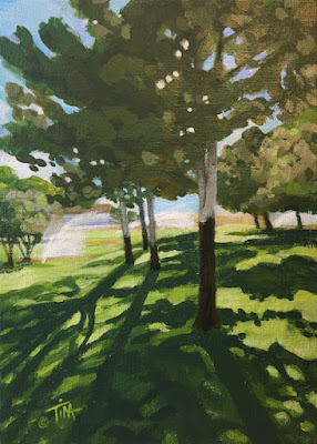 Painting of early morning sun through summer trees at my local park. ©2022 Tina M.Welter