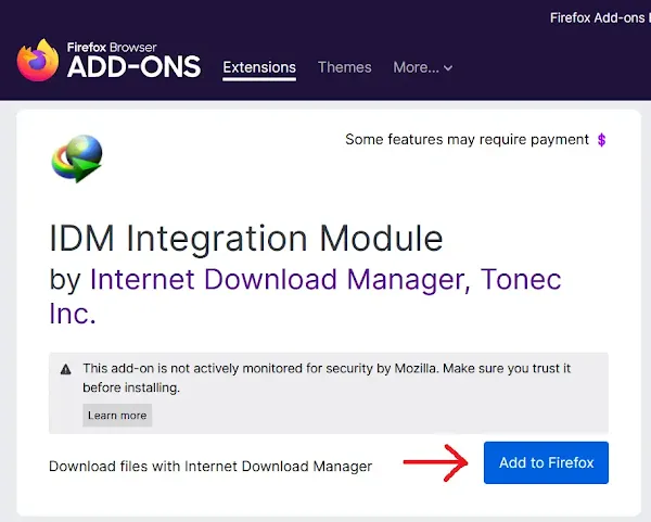  Click on the Add to Firefox button to install the IDM Integration Module
  extension.