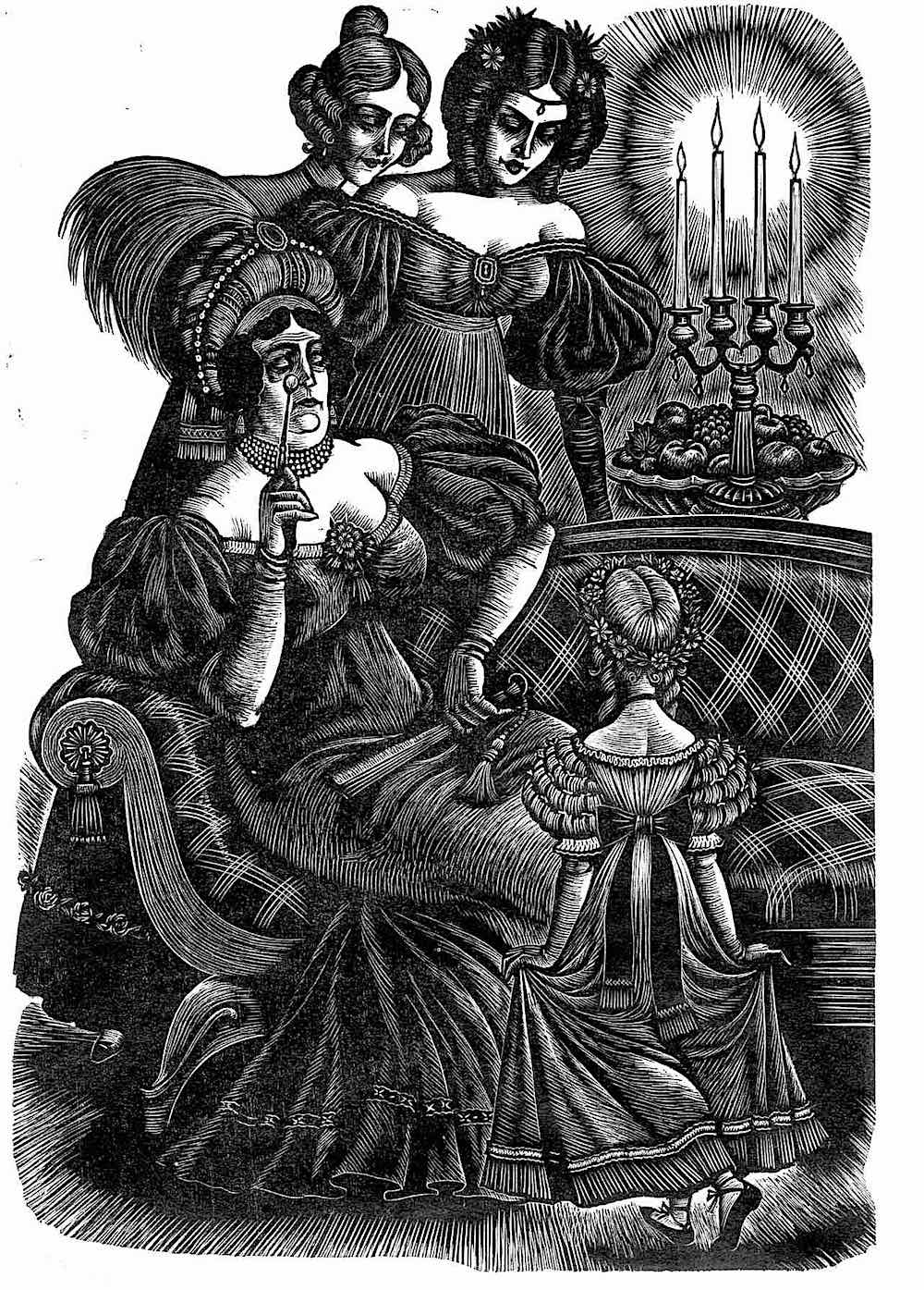 a Fritz Eichenberg illustration of a little girl properly curtsying for older women
