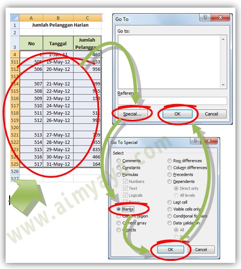  Gambar: memilih sel yang kosong (blank cells) di Microsoft Excel