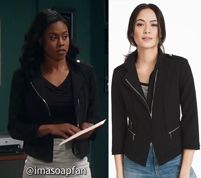 Jordan Ashford, Vinessa Antoine, Black Asymmetric Zip-Front Jacket, White House Black Market, GH, General Hospital