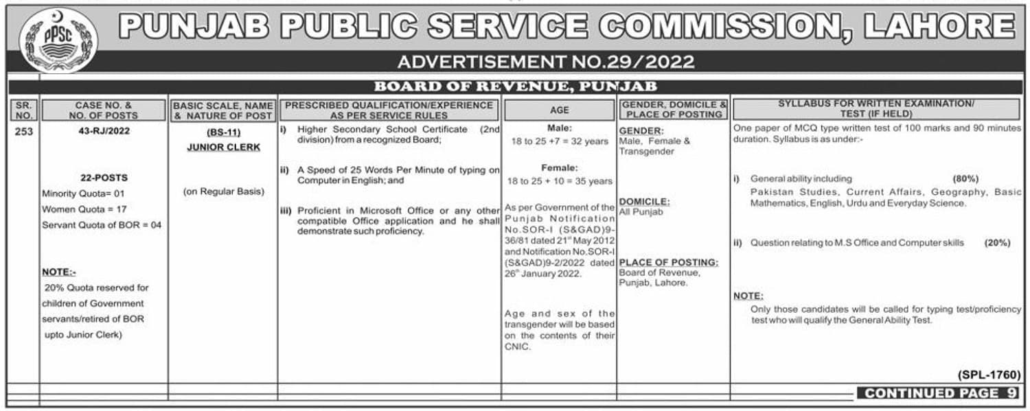 Board of Revenue Punjab Jobs 2022 through PPSC Latest Advertisement