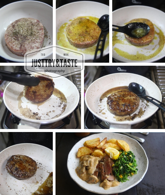 Resep Steak Saus Jamur dengan Tumis Bayam dan Kentang 