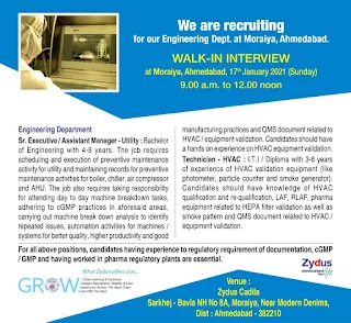 Zydus Cadila Healthcare Ltd  Required for ITI And Diploma Holders Walk In Interview at Moraiya, Ahmedabad, 17th January 2021