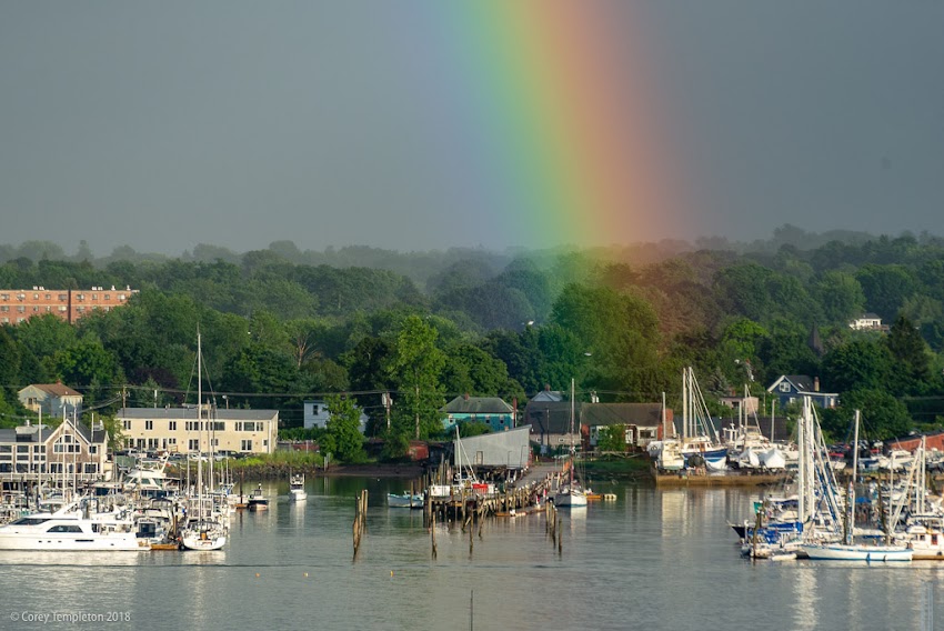 Portland, Maine USA August 2018 photo by Corey Templeton. A rainbow starting across the harbor in South Portland.