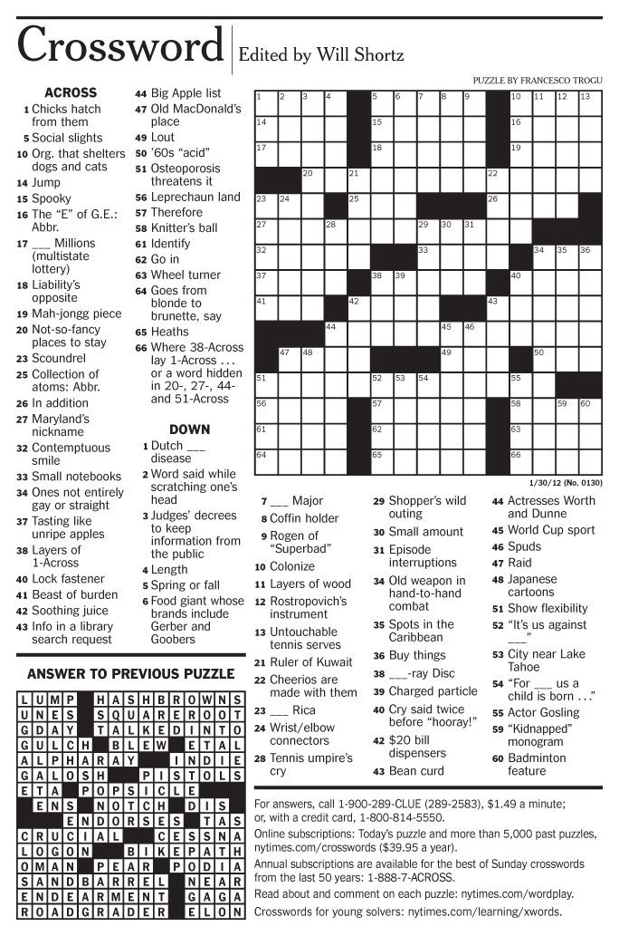 Come back every day for a new challenge for crossword fanatics and other word puzzle lovers. Francesco Trogu The New York Times Crossword Puzzle