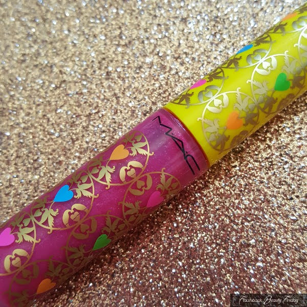 close up of patterned Manish Arora MAC lipgloss